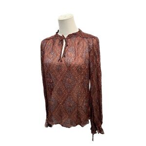 NWT PAIGE fia blouse Rust maroon red brown metallic long sleeve deep v tie neck